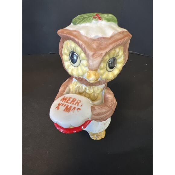 Vintage Owls Set Of 3 Christmas Porcelain Figurines Baking Santa Singing Retro - Picture 4 of 9